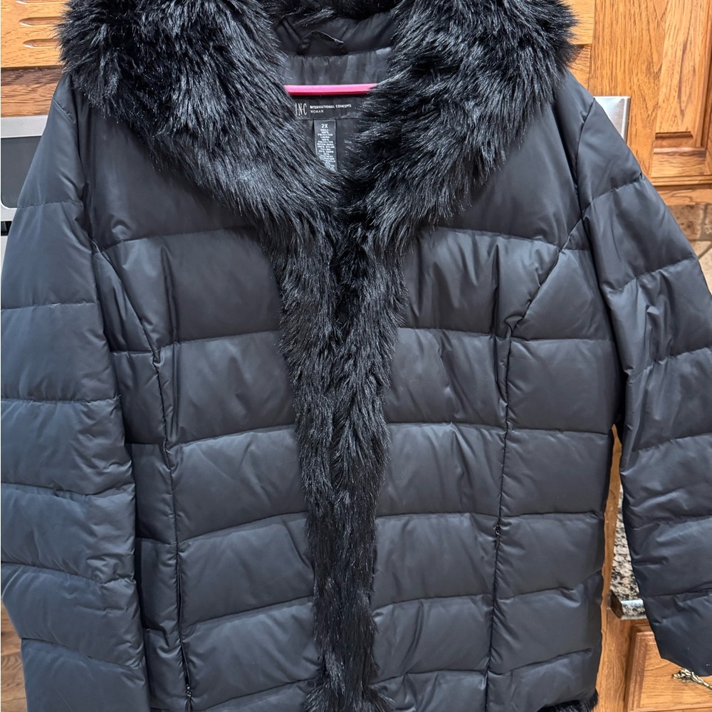 INC International Concepts Black Puffer Jacket with Faux Fur Trim